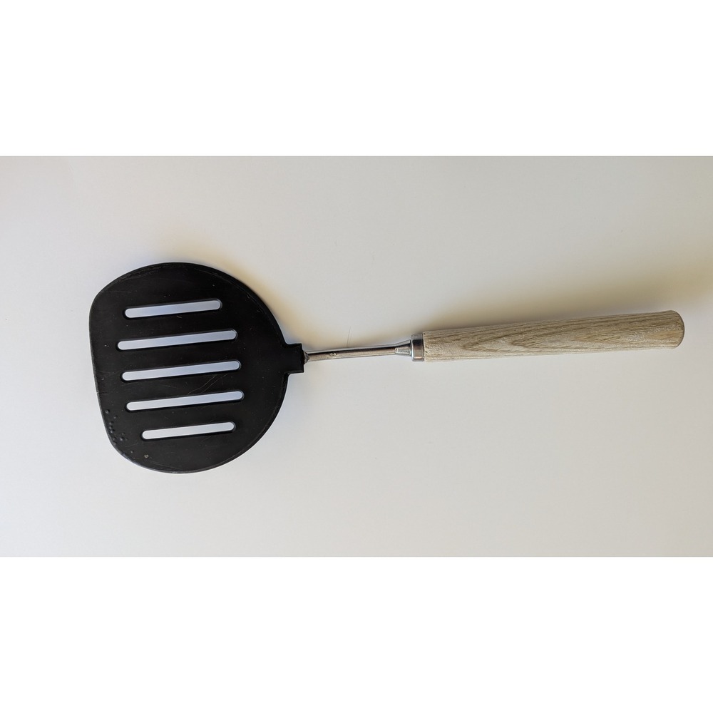 Vintage Slotted Spatula Wood Handle Black Nylon Head Made in Japan 11.5 Inch